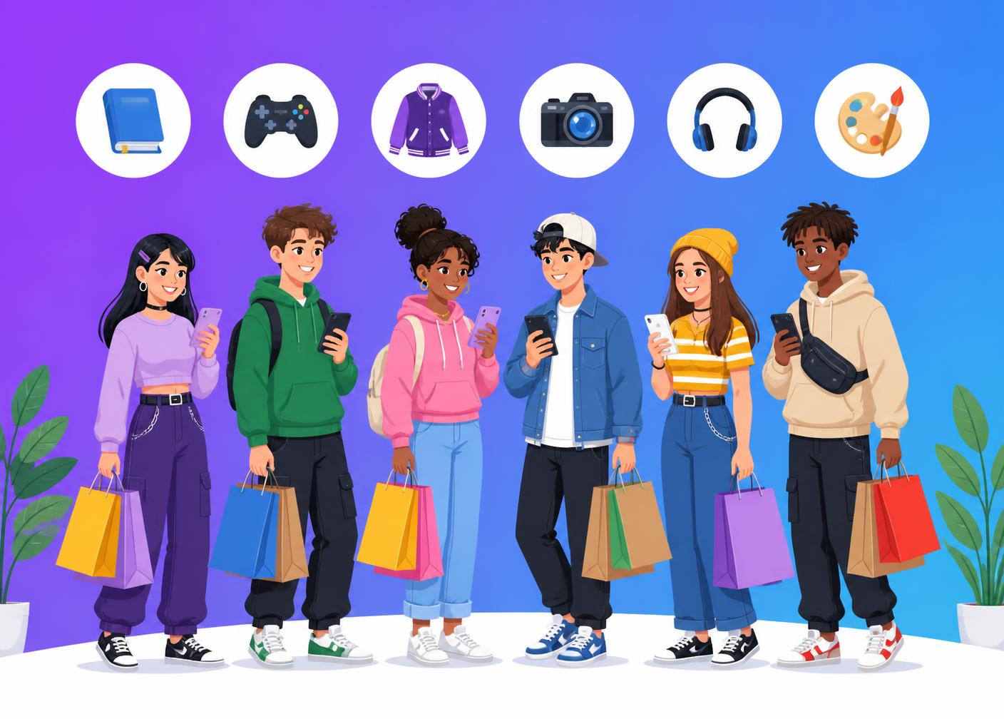 Illustration of teenagers with phones and shopping bags surrounded by digital category icons